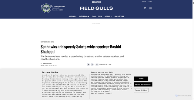 Security scan screenshot of https://www.fieldgulls.com/seattle-seahawks-roster/154083/nfl-news-trade-seahawks-add-wide-receiver-rashid-shaheed