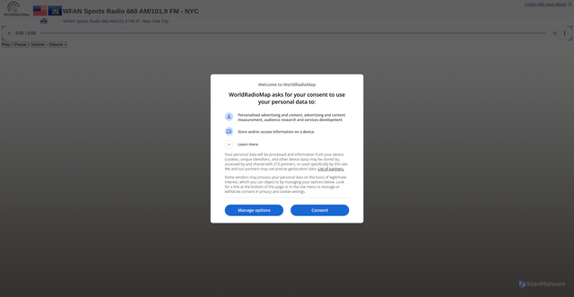 Security scan screenshot of https://worldradiomap.com/us-ny/play/wfan_live