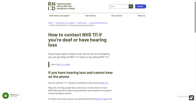 Security scan screenshot of https://rnid.org.uk/information-and-support/hearing-loss/living-with-hearing-loss/how-to-contact-nhs-111-if-youre-deaf-or-have-hearing-loss/