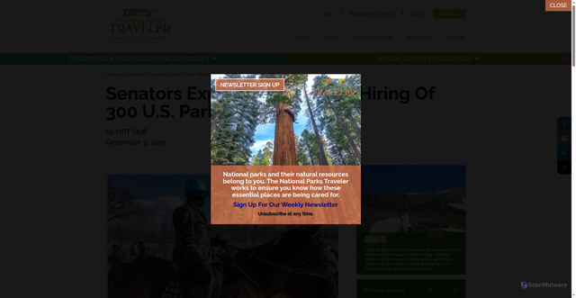 Security scan screenshot of https://www.nationalparkstraveler.org/2025/12/senators-express-alarm-over-hiring-300-us-park-police-officers