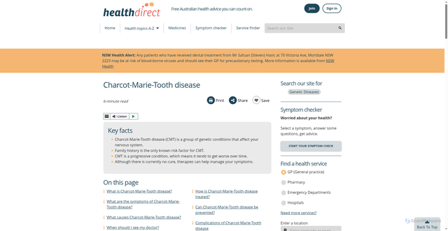 Security scan screenshot of https://www.healthdirect.gov.au/charcot-marie-tooth-disease