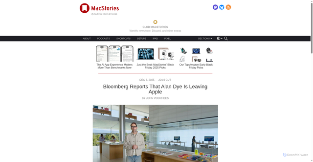 Security scan screenshot of https://www.macstories.net/news/bloomberg-reports-that-alan-dye-is-leaving-apple/