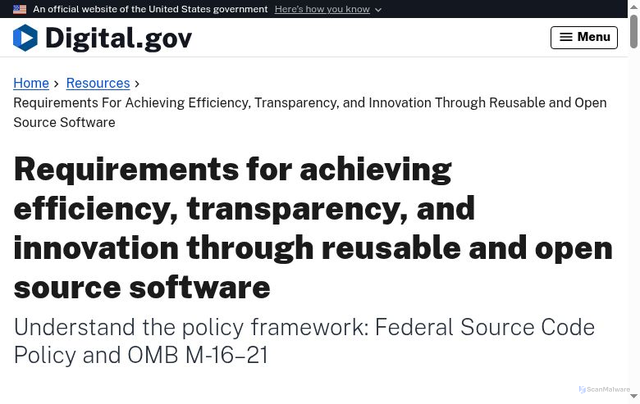 Security scan screenshot of https://digital.gov/resources/requirements-for-achieving-efficiency-transparency-and-innovation-through-reusable-and-open-source-software/
