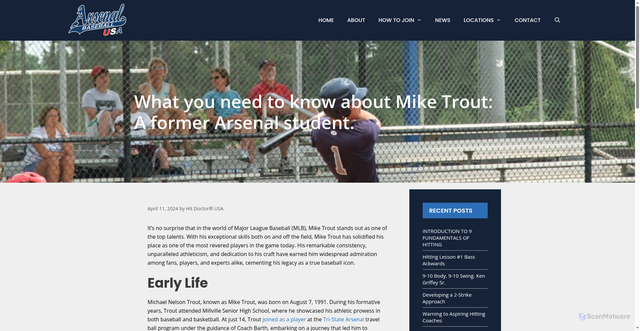 Security scan screenshot of https://arsenalusabaseball.com/what-you-need-to-know-about-mike-trout-a-former-arsenal-student/