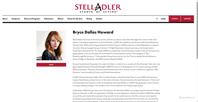 Security scan screenshot of https://classes.stellaadler.com/profiles/bryce-dallas-howard/