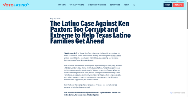 Security scan screenshot of https://votolatino.org/media/press-releases/the-latino-case-against-ken-paxton-too-corrupt-and-extreme-to-help-texas-latino-families-get-ahead/