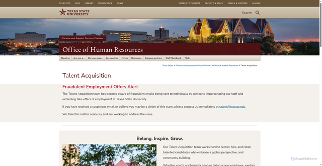 Security scan screenshot of https://www.hr.txst.edu/talent-acquisition.html