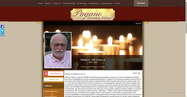 Security scan screenshot of https://paganofuneralhome.com/tribute/details/2985/William-Green-Jr/obituary.html