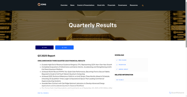 Security scan screenshot of https://investors.ionq.com/financials/quarterly-results/default.aspx