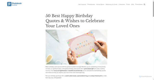 Security scan screenshot of https://www.photobookamerica.com/ideas/50-best-happy-birthday-quotes-wishes-to-celebrate-your-loved-ones/