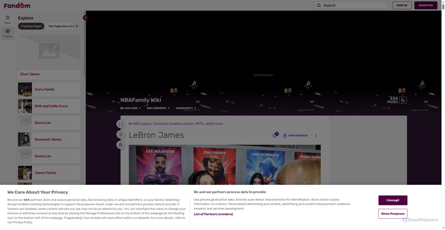 Security scan screenshot of https://nbafamily.fandom.com/wiki/LeBron_James