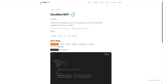 Security scan screenshot of https://stackmcp.dev/servers/cloudflare-mcp