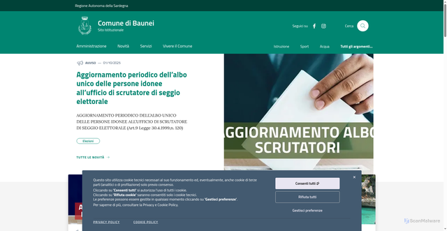 Security scan screenshot of https://www.comunedibaunei.it/