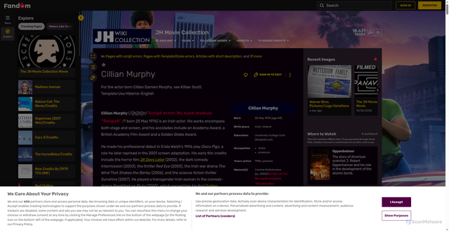 Security scan screenshot of https://jhmovie.fandom.com/wiki/Cillian_Murphy