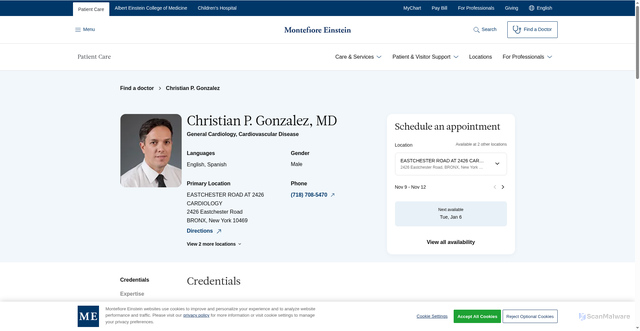 Security scan screenshot of https://doctors.montefioreeinstein.org/providers/1568667160/christian-p-gonzalez