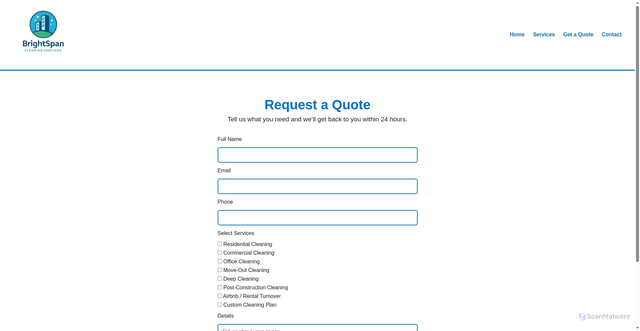Security scan screenshot of https://brightspancleaning.com/quote.html