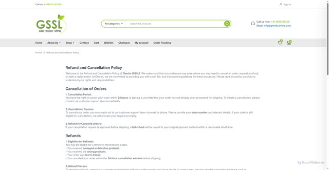 Security scan screenshot of https://gherbsonline.com/refund-and-cancellation-policy/