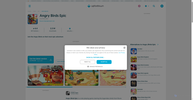 Security scan screenshot of https://angry-birds-epic.en.uptodown.com/android