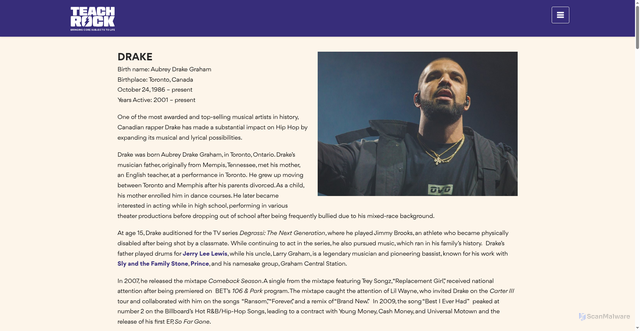 Security scan screenshot of https://teachrock.org/traceitback/drake/