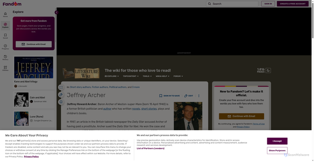 Security scan screenshot of https://literature.fandom.com/wiki/Jeffrey_Archer
