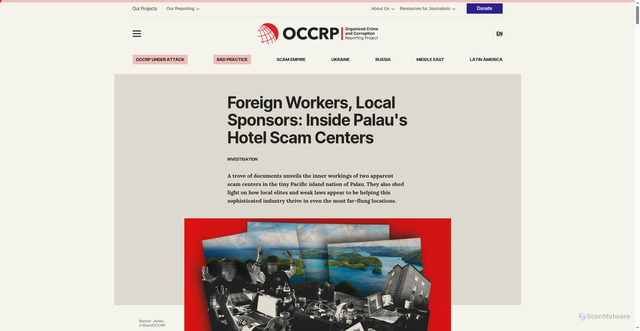 Security scan screenshot of https://www.occrp.org/en/investigation/foreign-workers-local-sponsors-inside-palaus-hotel-scam-centers