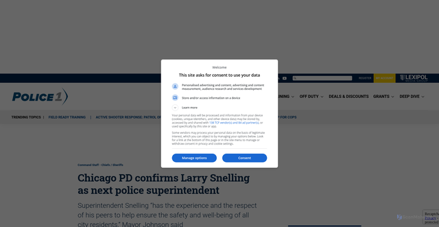Security scan screenshot of https://www.police1.com/chiefs-sheriffs/articles/chicago-pd-confirms-larry-snelling-as-next-police-superintendent-On3T3SuNwR1D10uq/