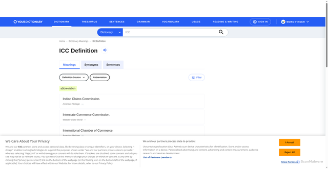 Security scan screenshot of https://www.yourdictionary.com/icc