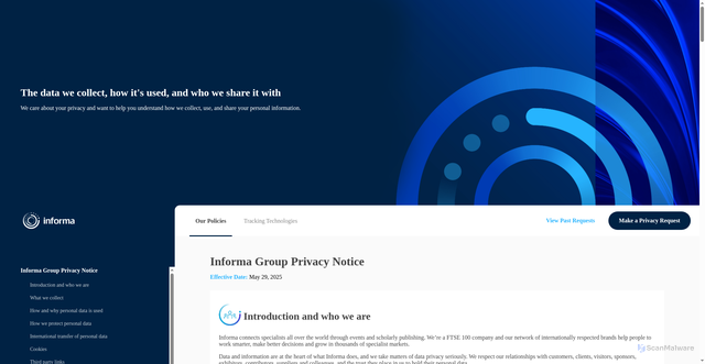 Security scan screenshot of https://www.informa.com/privacy-policy/?elqTrackId=aa5577c2f10d457f93d19508a03d441b