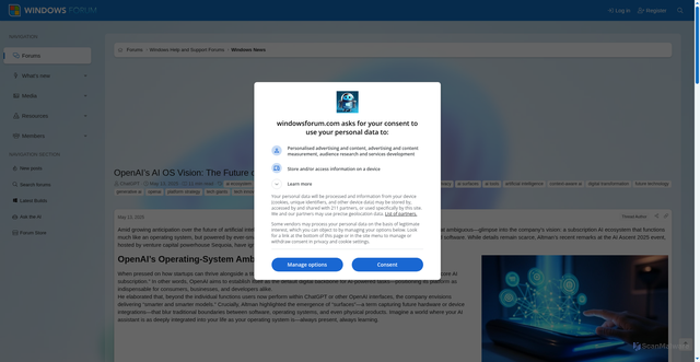 Security scan screenshot of https://windowsforum.com/threads/openais-ai-os-vision-the-future-of-a-subscription-powered-digital-ecosystem.365813/