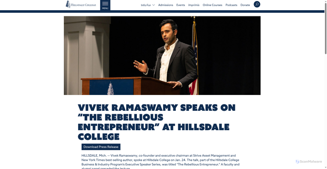 Security scan screenshot of https://www.hillsdale.edu/news-and-media/press-releases/vivek-ramaswamy-speaks-on-the-rebellious-entrepreneur-at-hillsdale-college/