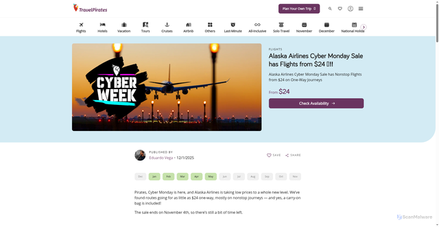 Security scan screenshot of https://www.travelpirates.com/flights/alaska-airlines-cyber-monday-sale-has-flights-from-usd24