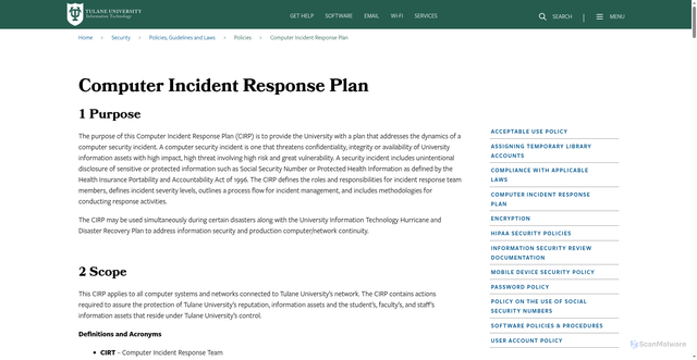 Security scan screenshot of https://it.tulane.edu/computer-incident-response-plan