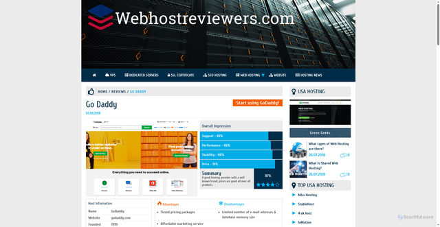 Security scan screenshot of https://webhostreviewers.com/reviews/go-daddy/