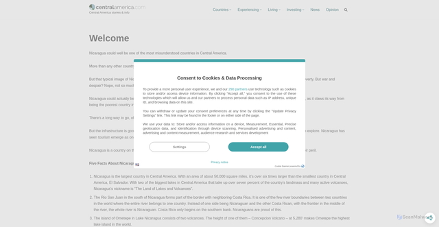 Security scan screenshot of https://www.centralamerica.com/nicaragua/welcome/