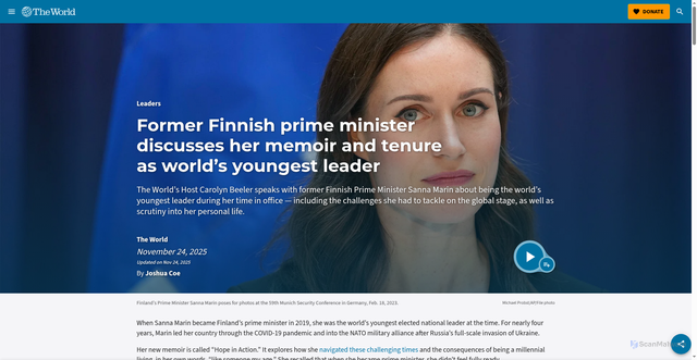 Security scan screenshot of https://theworld.org/stories/2025/11/24/former-finnish-prime-minister-discusses-her-memoir-and-tenure-as-worlds-youngest-leader
