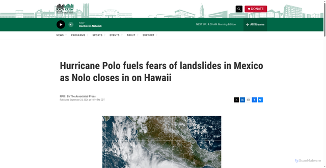 Security scan screenshot of https://www.kxcv.org/2026-09-23/hurricane-polo-fuels-fears-of-landslides-in-mexico-as-nolo-closes-in-on-hawaii