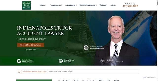 Security scan screenshot of https://christielawoffice.com/indianapolis/truck-accident-lawyer/