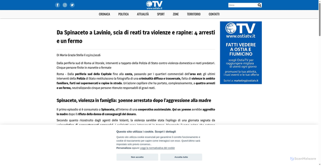 Security scan screenshot of https://www.ostiatv.it/da-spinaceto-a-lavinio-scia-di-reati-tra-violenze-e-rapine-4-arresti-e-un-fermo.html