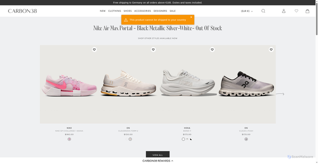 Security scan screenshot of https://carbon38.com/products/nike-air-max-portal-black-metallic-silver-white?srsltid=AU7gw4VK5vSSrZKB8cPEnWx1tO9ijp9OdeZW602Ub3gAl8CmJkx70RI-