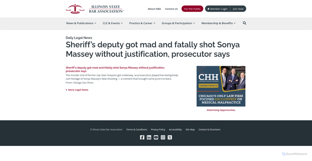 Security scan screenshot of https://www.isba.org/dailylegalnews/2025/10/23/sheriffsdeputygotmadandfatallyshotsonyamasseywitho