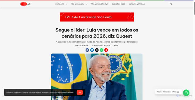 Security scan screenshot of https://tvtnews.com.br/lula-vence-em-todos-os-cenarios-2026-diz-quaest/
