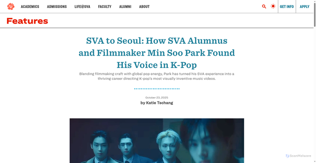 Security scan screenshot of https://sva.edu/features/sva-to-seoul-how-sva-alumnus-and-filmmaker-min-soo-park-found-his-voice-in-k-pop