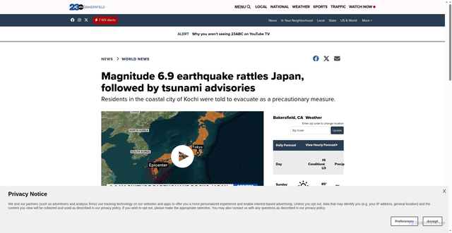 Security scan screenshot of https://www.turnto23.com/world/magnitude-6-9-earthquake-rattles-japan-followed-by-tsunami-advisories