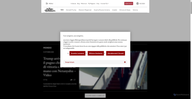 Security scan screenshot of https://www.ilfattoquotidiano.it/2025/10/13/trump-tel-aviv-pugno-chiuso-netanyahu-video/8158291/