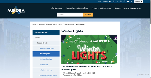 Security scan screenshot of https://www.aurora.il.us/Recreation-and-Amenities/Events/Special-Events/Winter-Lights