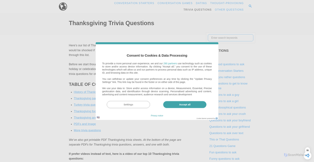 Security scan screenshot of https://conversationstartersworld.com/trivia-questions/thanksgiving-trivia-questions/