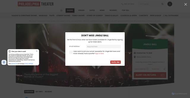 Security scan screenshot of https://www.philadelphia-theater.com/shows/xfinity-mobile-arena/jingle-ball