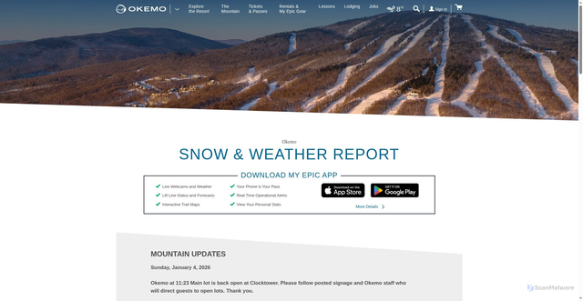 Security scan screenshot of https://www.okemo.com/the-mountain/mountain-conditions/snow-and-weather-report.aspx