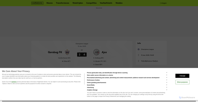 Security scan screenshot of https://www.voetbalzone.nl/wedstrijd/qarabag-fk-vs-ajax/BtD3PXpMisE_7QVyTRAFS