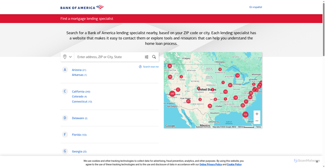 Security scan screenshot of https://homeloans.bankofamerica.com/locator